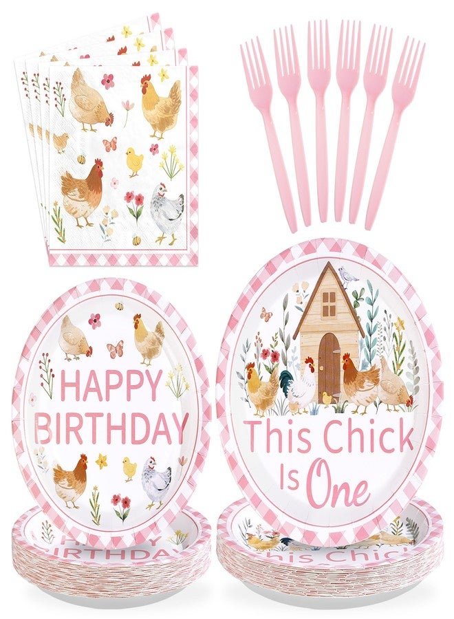 Greencian 96Pcs Chicken 1st Birthday Party Supplies This Chick Is One Party Plates and Napkins Disposable Farm Animal Barnyard Little Chick Tableware Set for Kids Baby Shower One Year Old Birthday Decor - Image 1